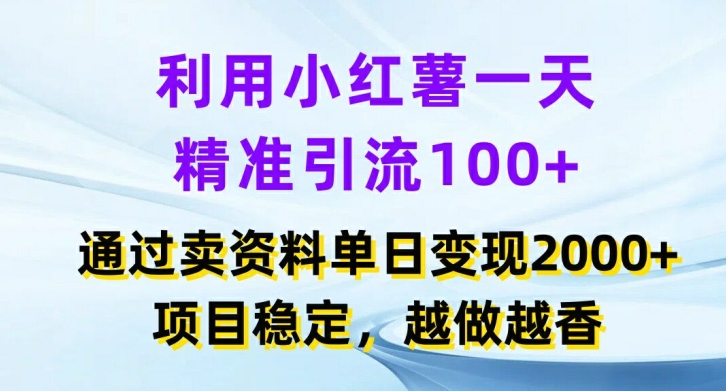 利用小红书一天精准引流100+，通过卖项目单日变现2k+，项目稳定，越做越香【揭秘】-pcp资源社